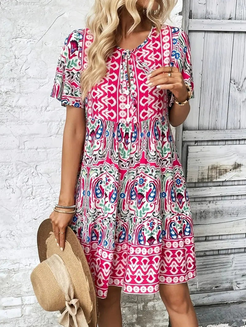 Damen Midi-Kleid mit verspieltem Muster und Knopfleiste Sovae