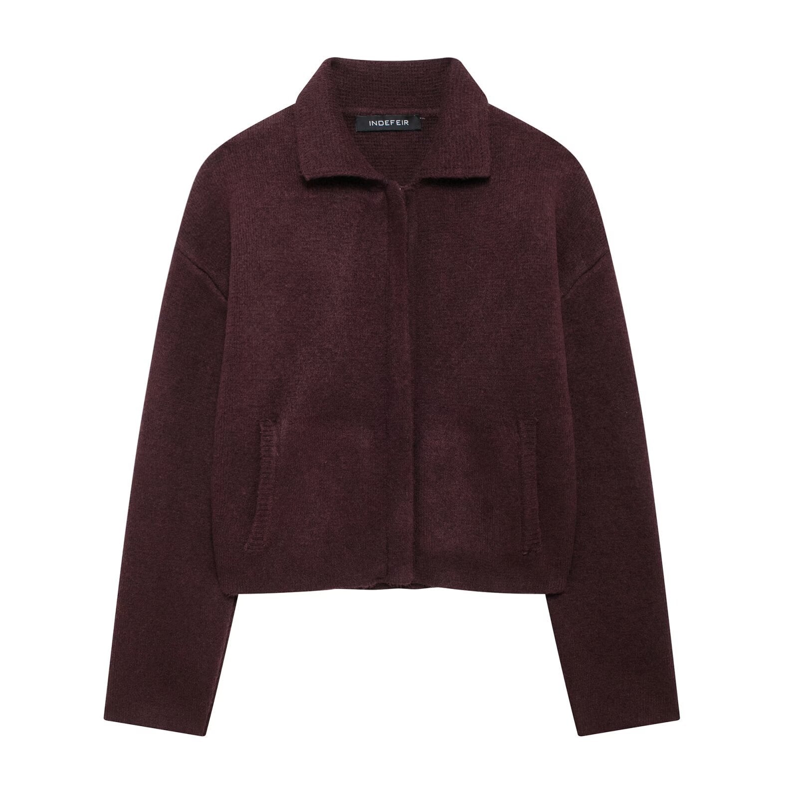 Damen lässige und gemütliche Strickjacke mit hohem Kragen und aufgesetzten Taschen Sovae