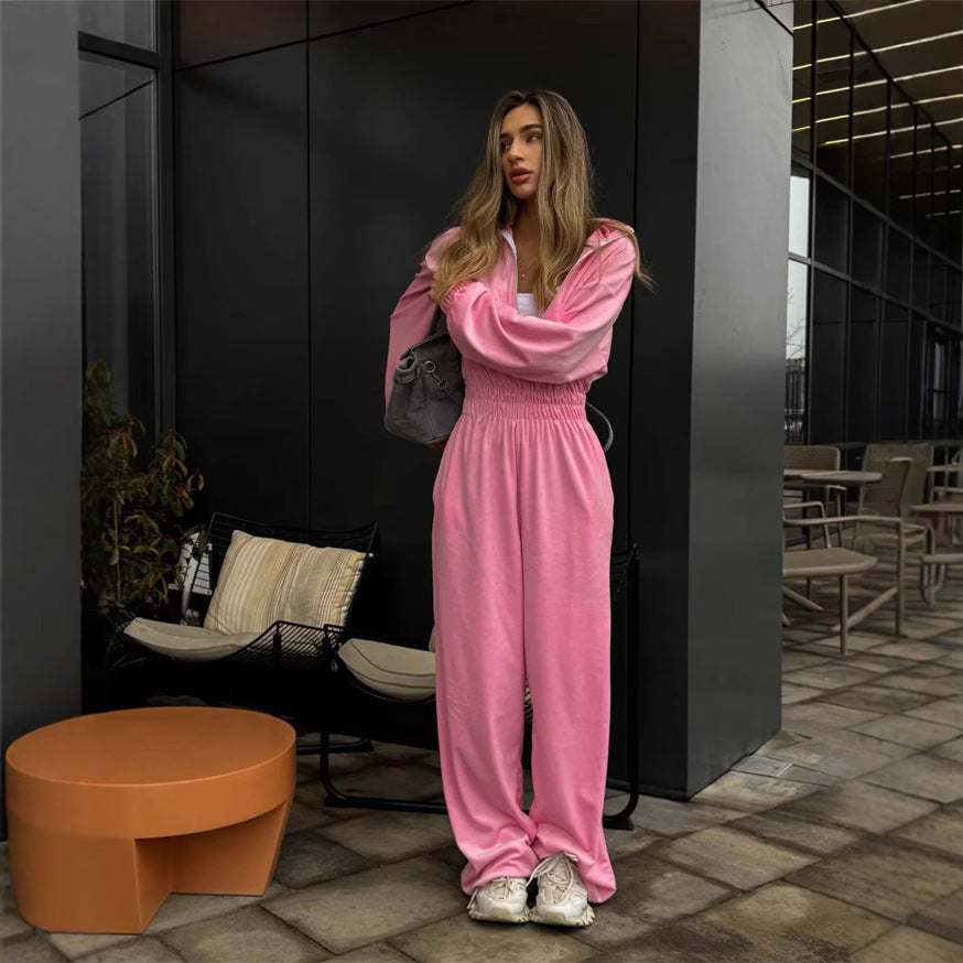 Damen luxuriöser Velours-Jumpsuit mit hohem Kragen Sovae