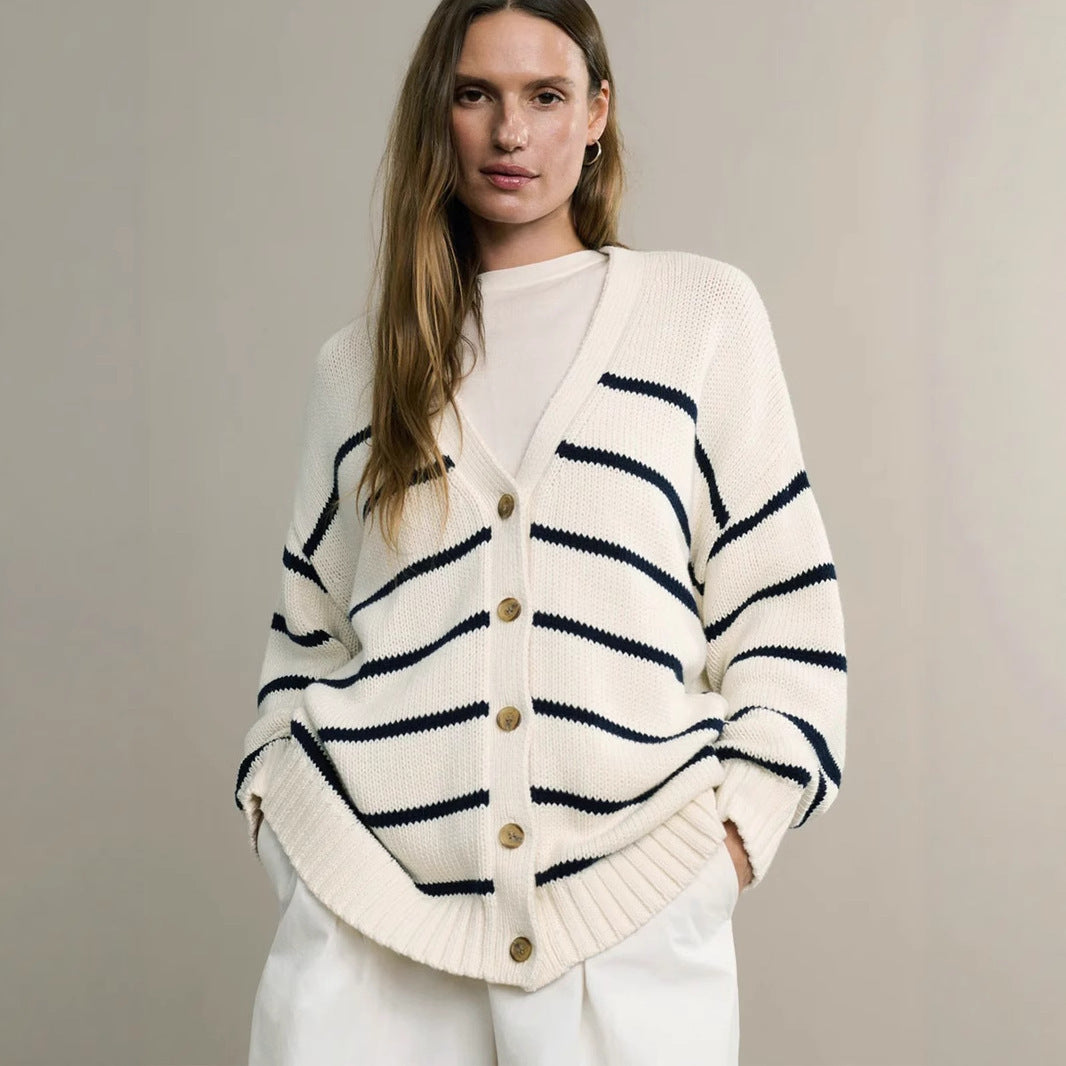 Damen Strickcardigan mit V-Ausschnitt und groben Streifen Sovae