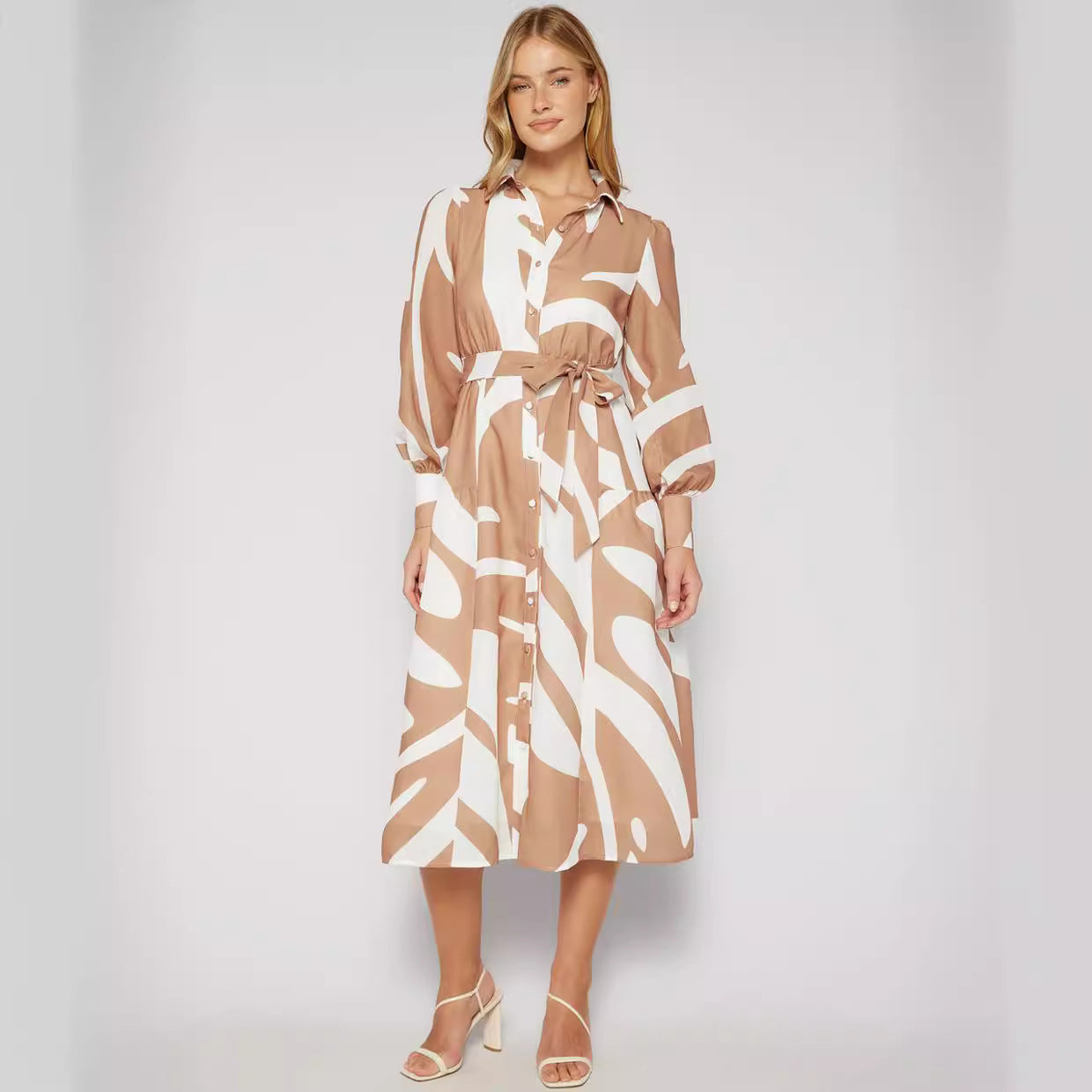 Damen Midi-Kleid mit tailliertem Gürtel und modernem Muster Sovae