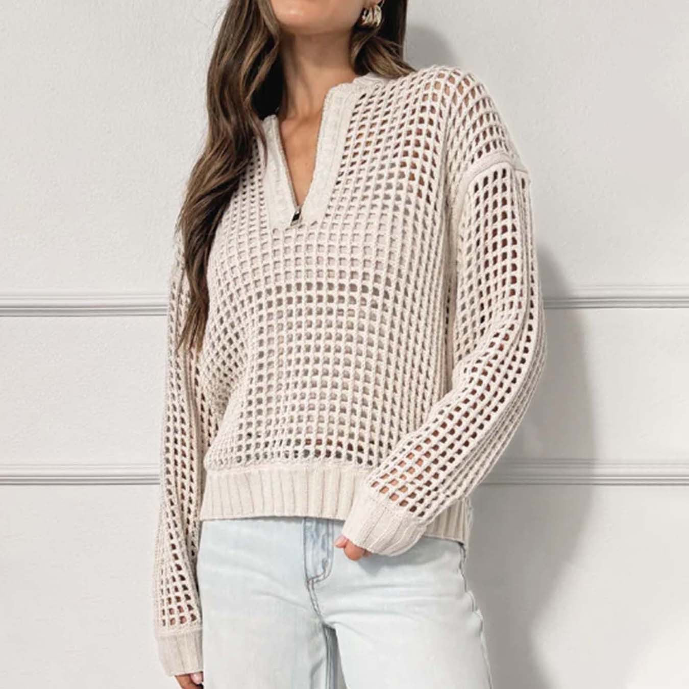 Damen lockerer Strickpullover mit Reißverschluss und luftiger Maschenstruktur Sovae