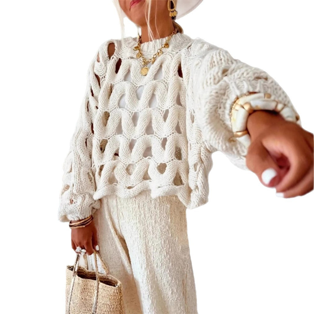 Damen lässiger Strickpullover im modernen Lochmuster Sovae
