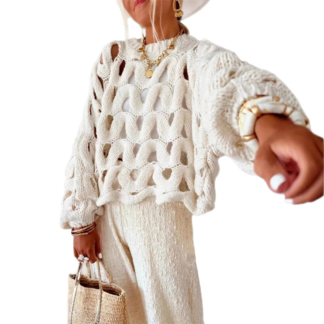 Damen lässiger Strickpullover im modernen Lochmuster Sovae