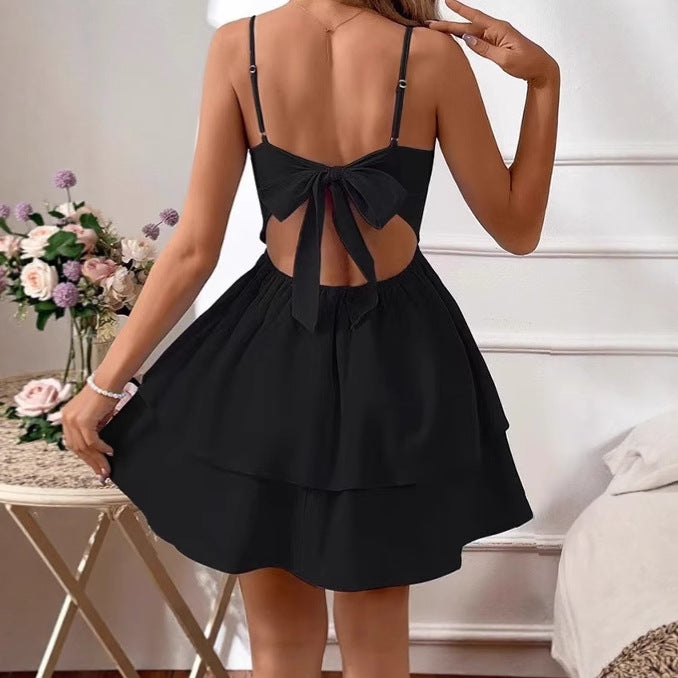 Damen Minikleid mit verstellbaren Spaghettiträgern und schwingendem Rock Sovae