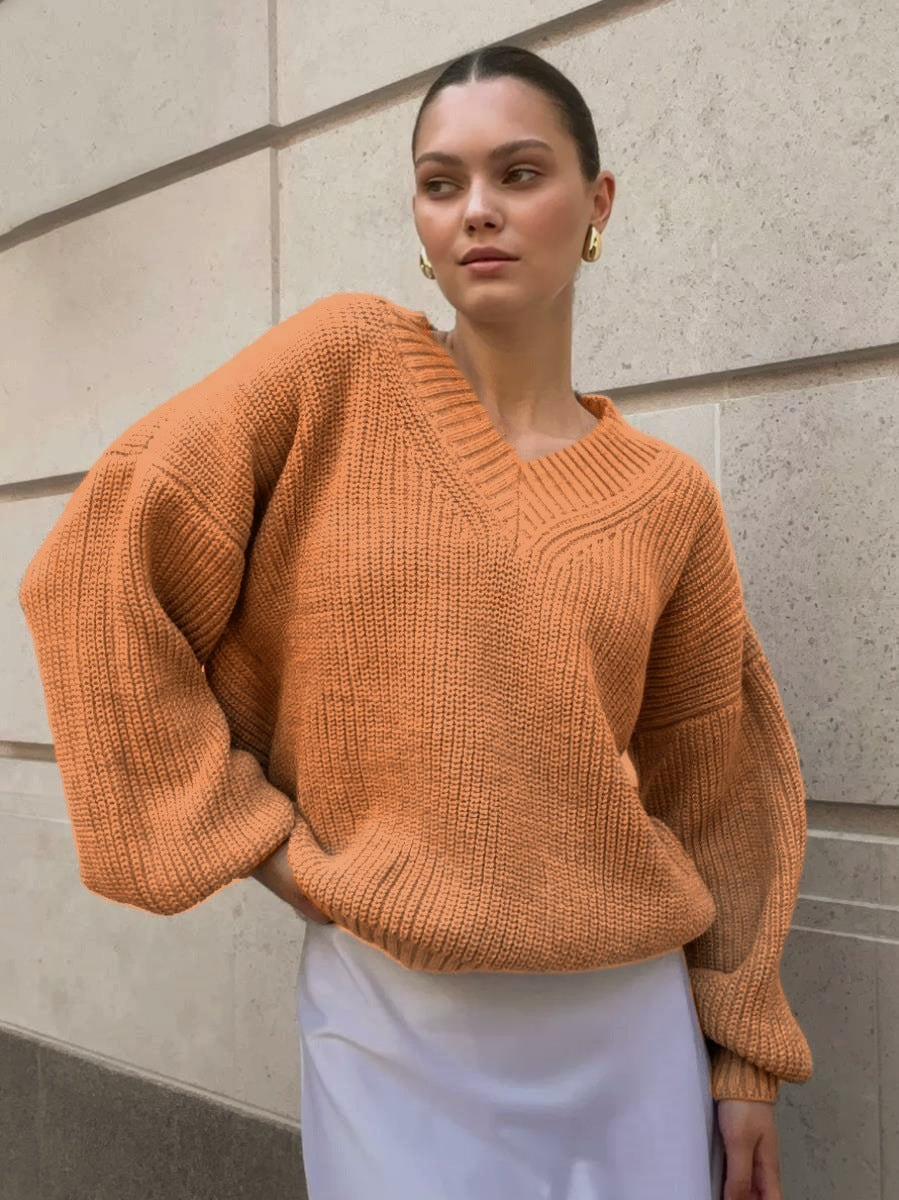 Damen lässiger Pullover mit V-Ausschnitt und voluminösen Ärmeln Sovae