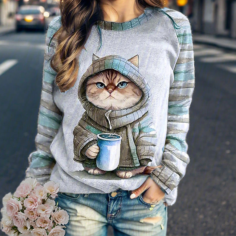 Damen Sweatshirt mit Katzenmotiv und Kapuze Sovae