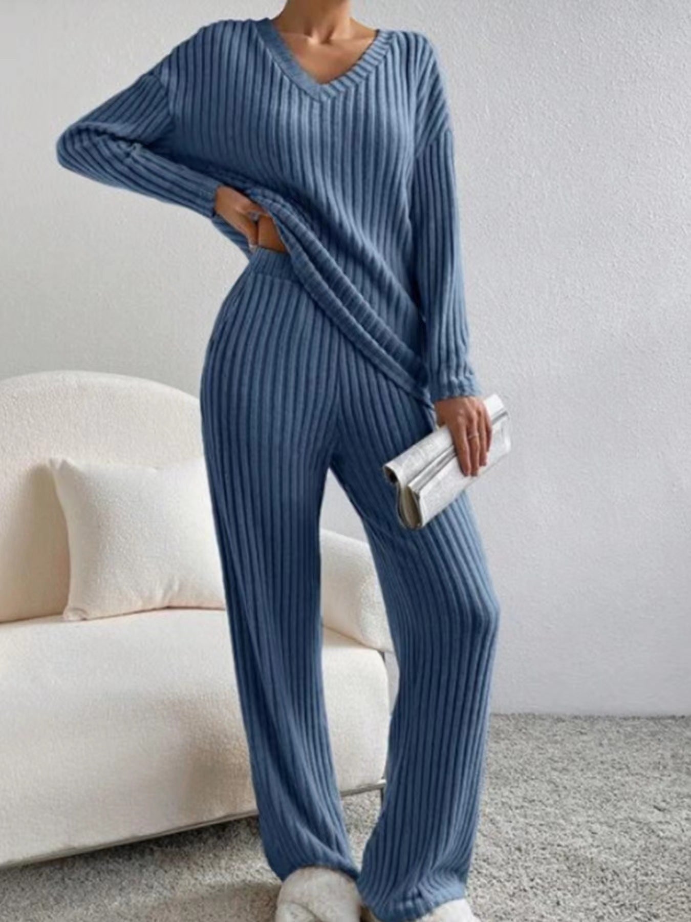 Damen lässiges Strick-Lounge-Set mit V-Ausschnitt Sovae