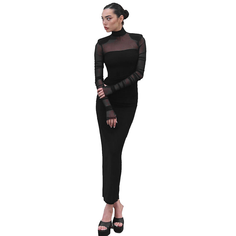 Damen Elegantes Maxikleid mit transparenten Ärmel und Stehkragen Sovae