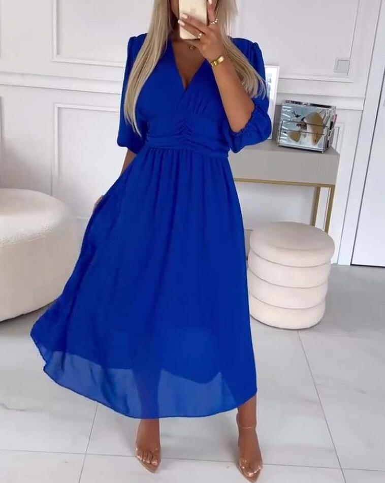 Damen Midikleid mit raffiniertem V-Ausschnitt und Puffärmeln Sovae