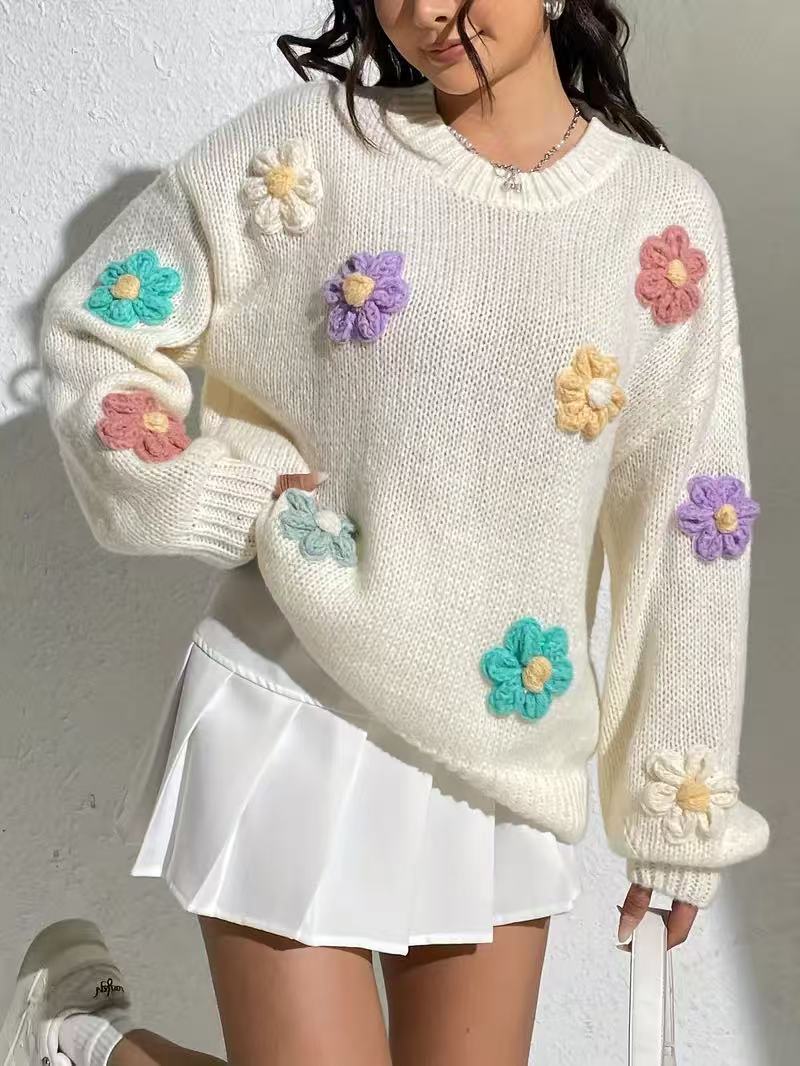 Damen blumengestickter Oversized-Pullover Sovae