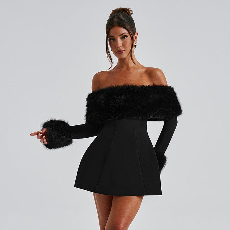 Damen Off-Shoulder Kleid mit eleganter Pelzverzierung Sovae