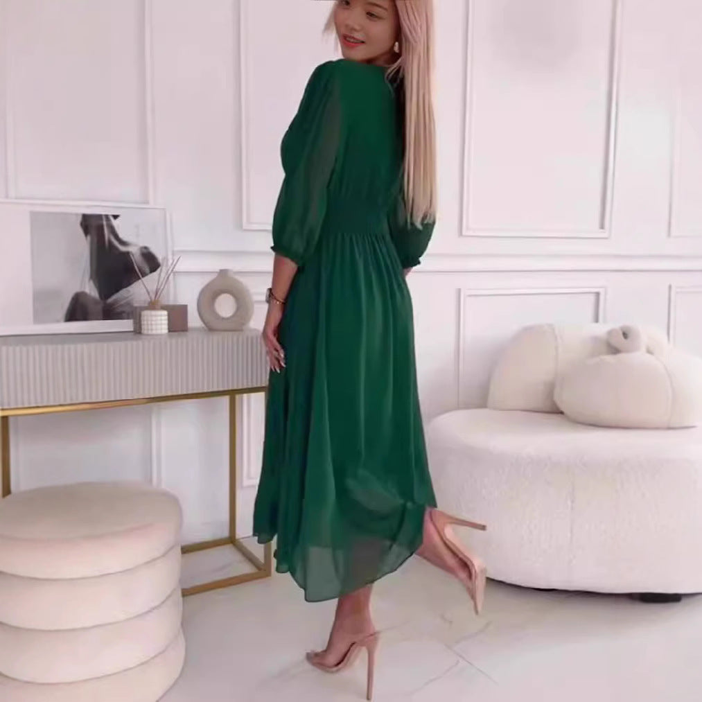 Damen Midikleid mit raffiniertem V-Ausschnitt und Puffärmeln Sovae