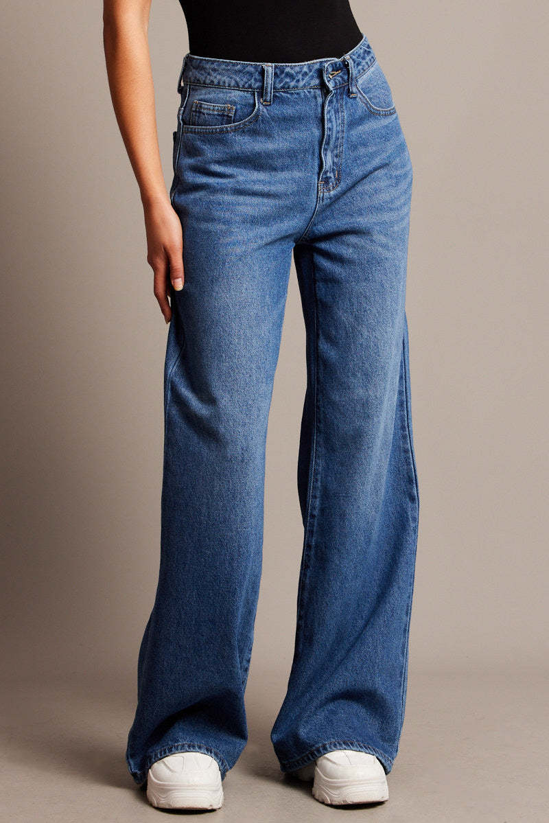 Damen Weite Denim-Hosen mit hohem Bund Sovae