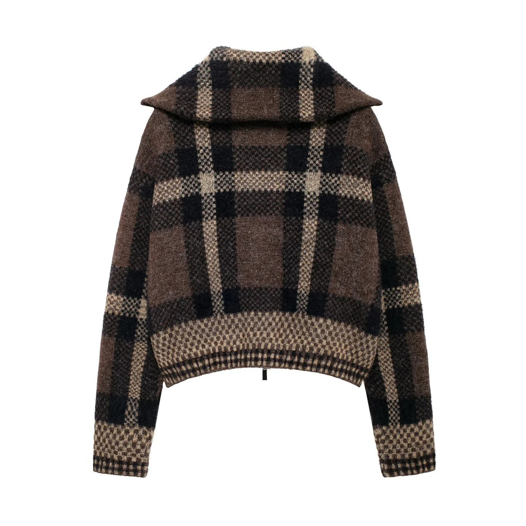Damen trendy Oberteil mit asymmetrischem Reißverschluss und modernem Karomuster Sovae