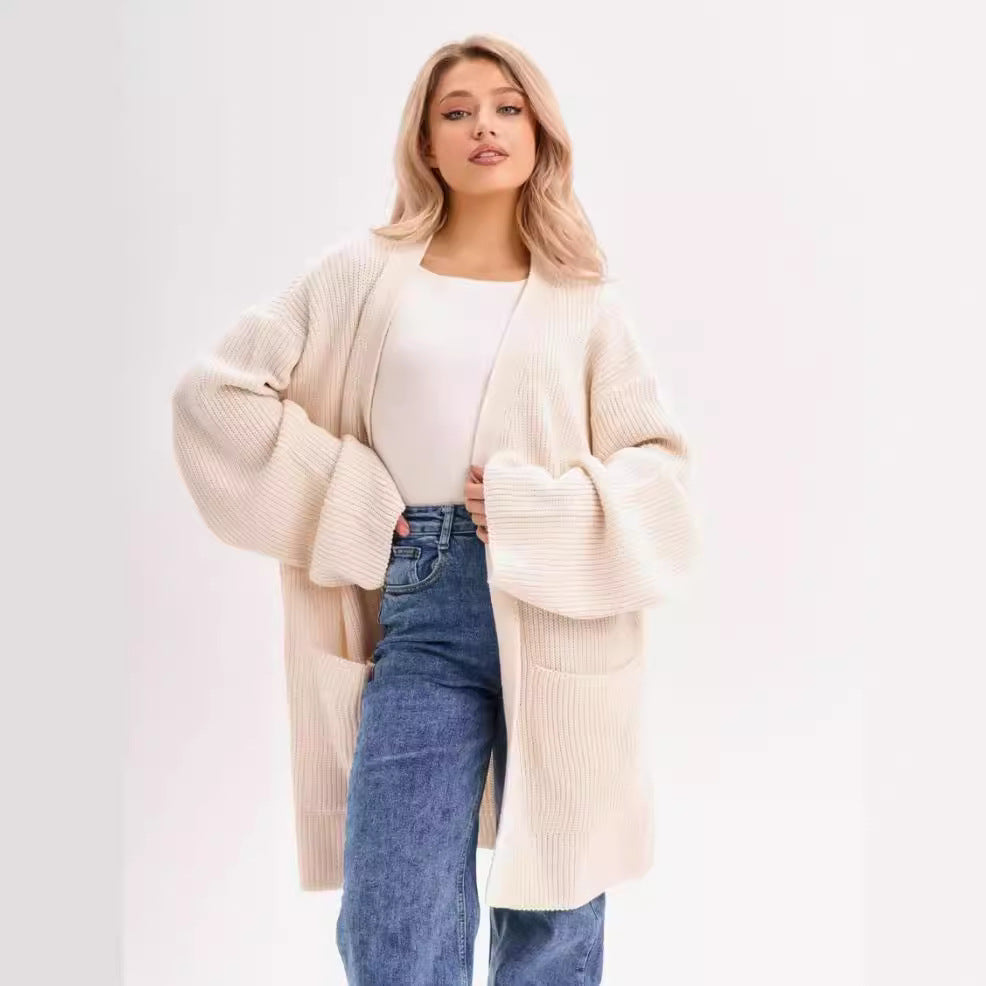 Damen Großer Strickcardigan mit voluminösen Ärmeln und praktischen Taschen Sovae