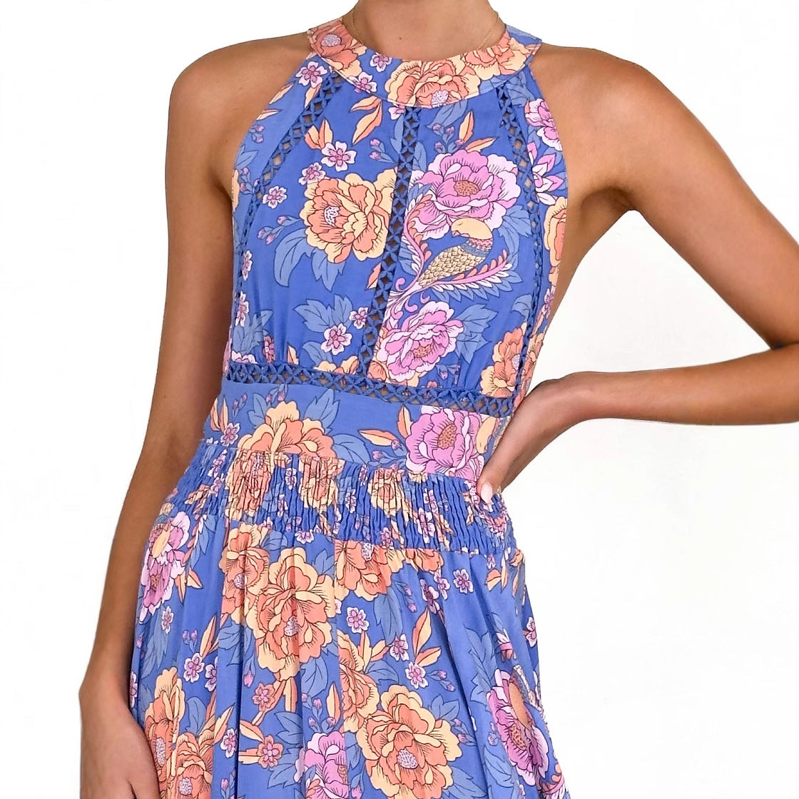 Damen luftiges Maxikleid mit floralem Spitzeneinsatz Sovae