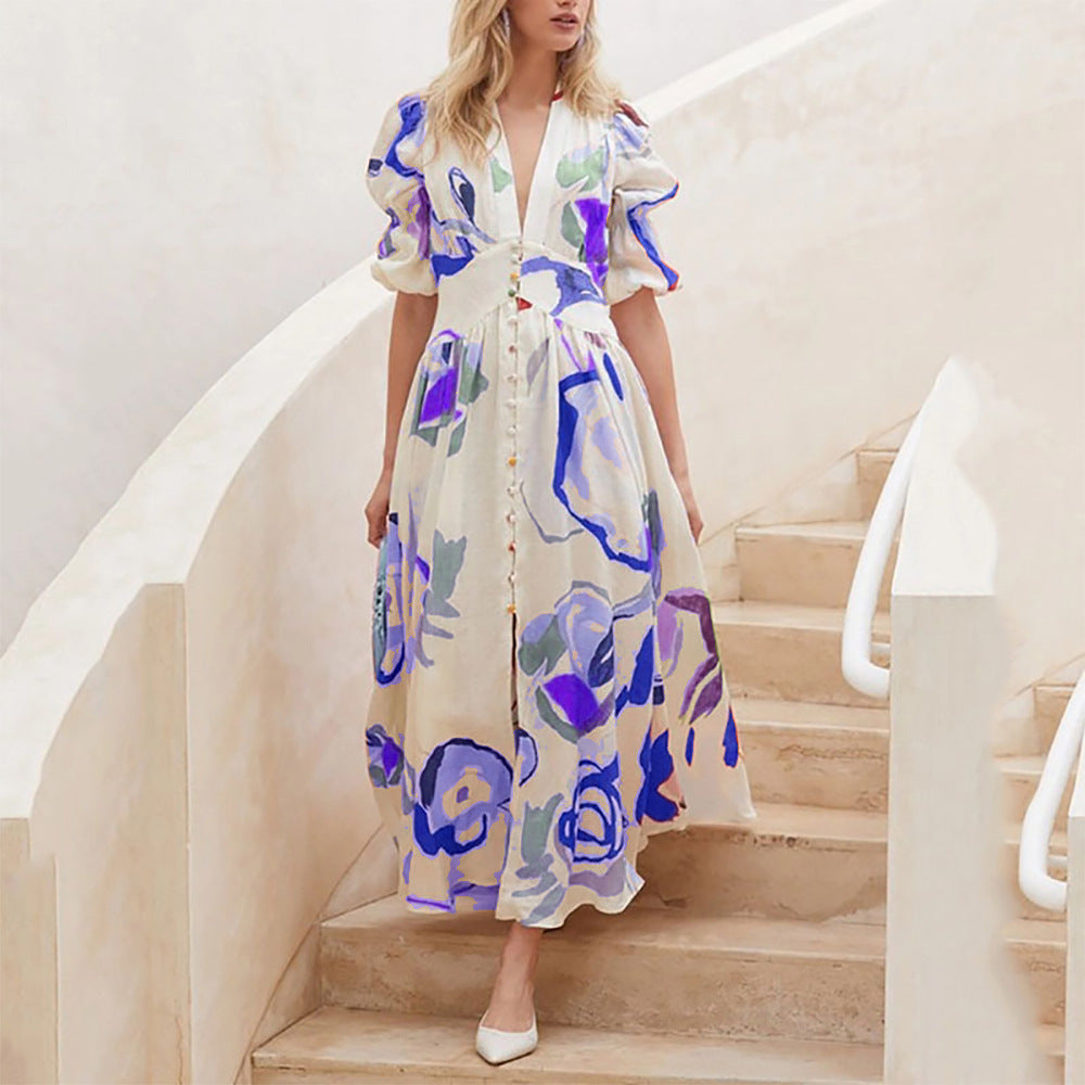 Damen Maxikleid mit voluminösen Ärmeln und floralem Muster Sovae