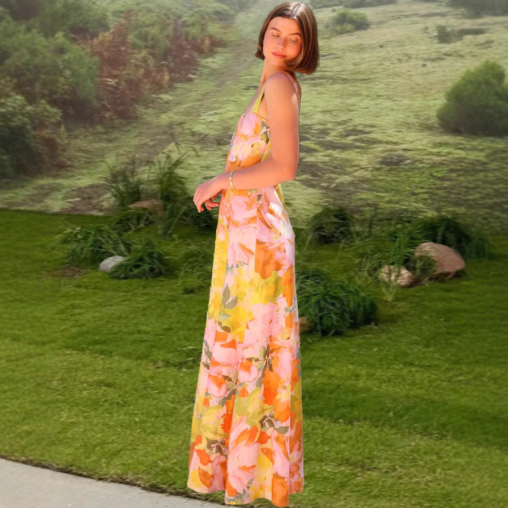 Damen florales Maxikleid mit quadratischem Ausschnitt und breiten Trägern Sovae