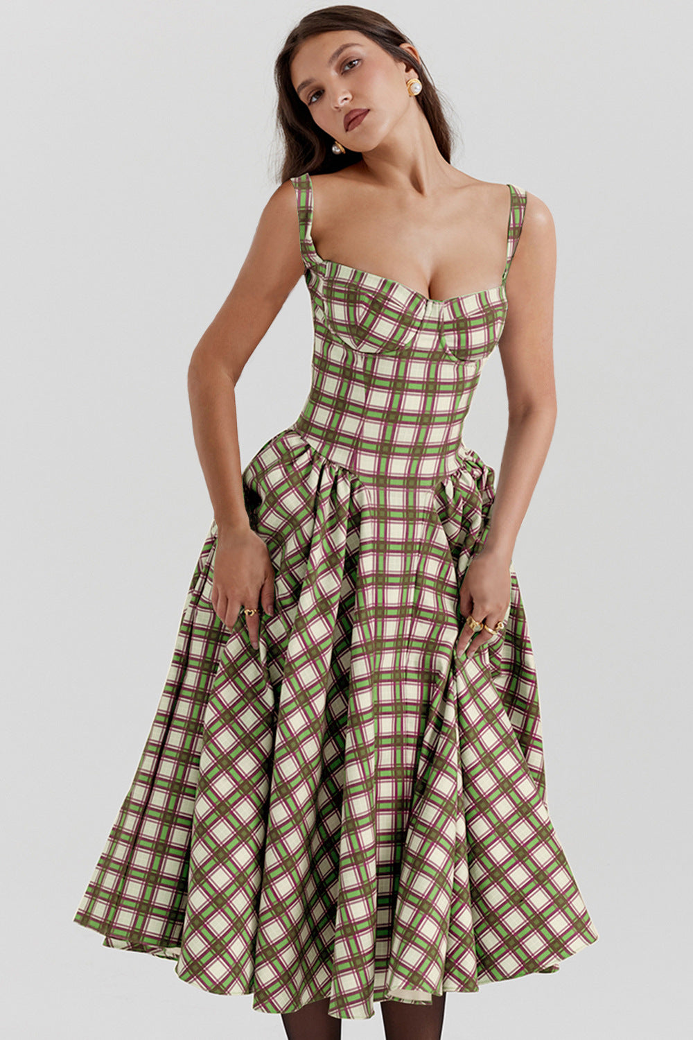 Damen Midikleid mit gerafftem Rock und modernem Karomuster Sovae