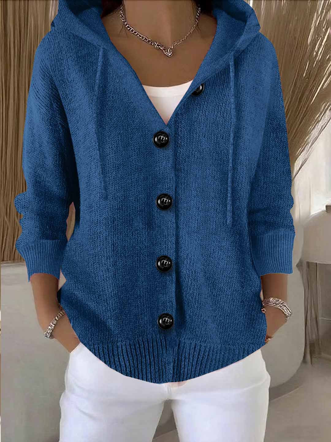 Damen lässige Strickjacke mit Kapuze und großen Knöpfen Sovae