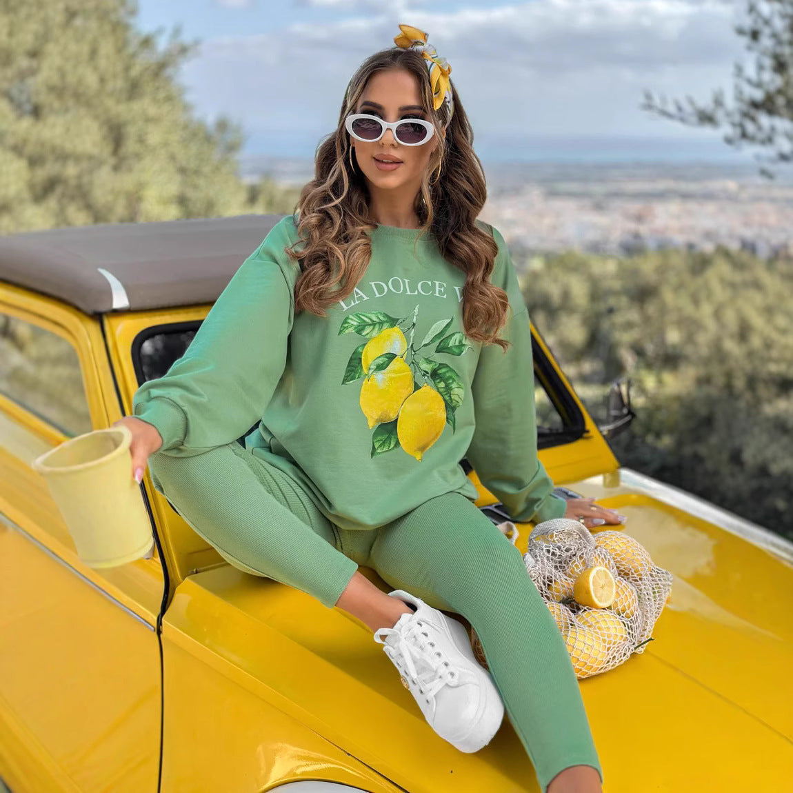 Damen Sportliches Lounge-Set mit frischem Zitronen-Design Sovae