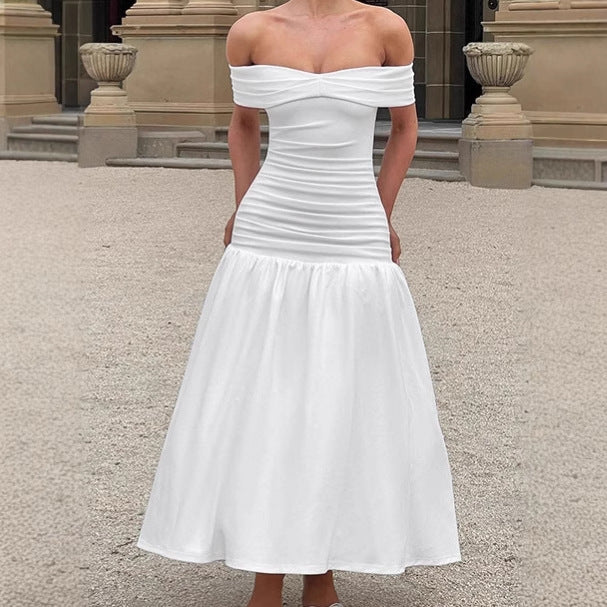 Damen Hochwertiges Off-Shoulder Maxikleid mit tailliertem Schnitt und fließendem Rock Sovae