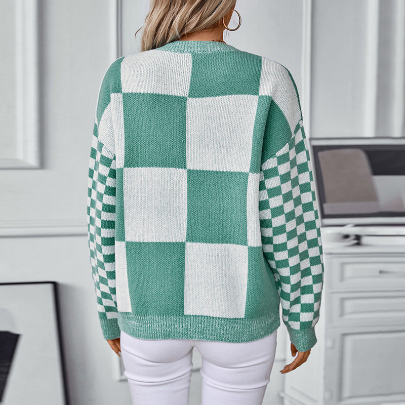 Damen modischer Pullover mit Karomuster und lässigem Schnitt Sovae