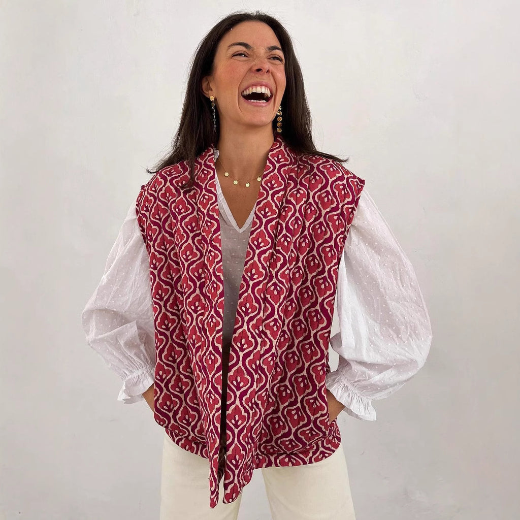 Damen stilvolle ärmellose Longjacke mit floralen Mustern Sovae