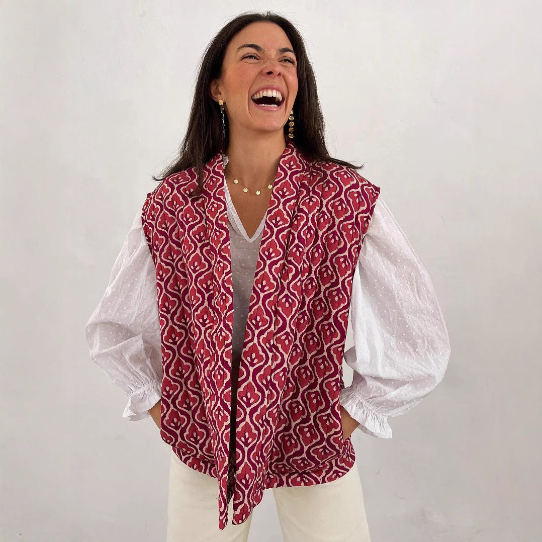 Damen stilvolle ärmellose Longjacke mit floralen Mustern Sovae