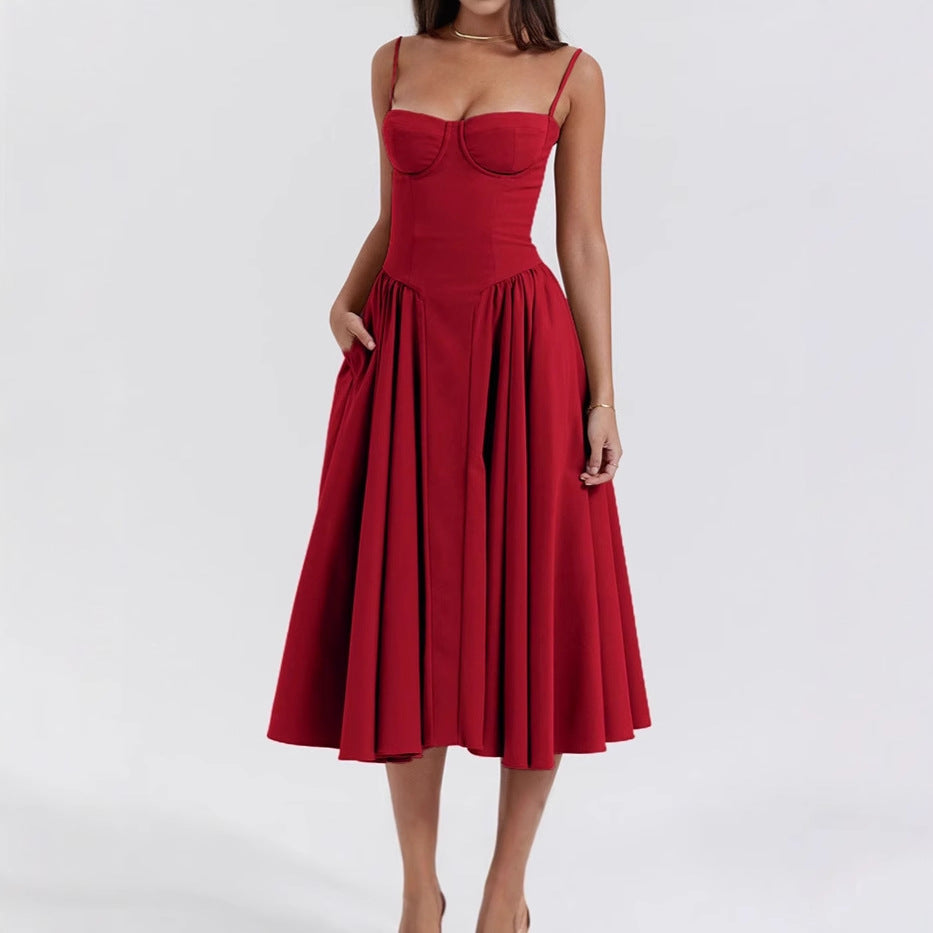 Damen Midikleid mit trägerlosem Design und voluminösem Faltenrock Sovae