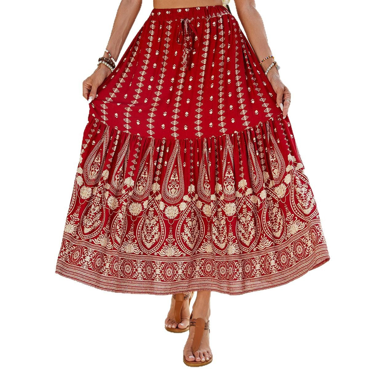 Damen Eleganter Baumwoll-Rock mit voluminösem Schnitt und goldenen Verzierungen Sovae