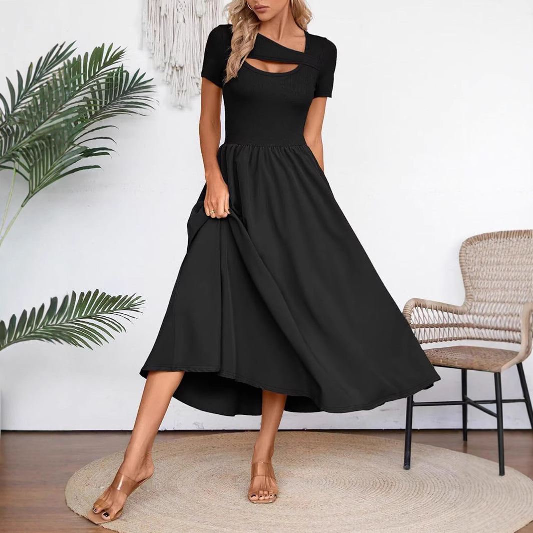 Damen elegantes Maxikleid mit asymmetrischem Ausschnitt und tanzendem Rock Sovae