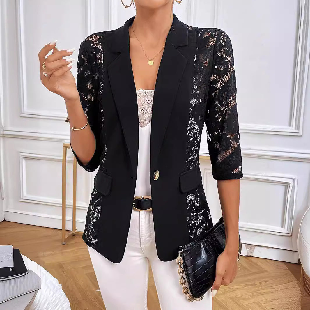 Damen Elegante Blazerjacke mit transparenter Spitzenverarbeitung Sovae