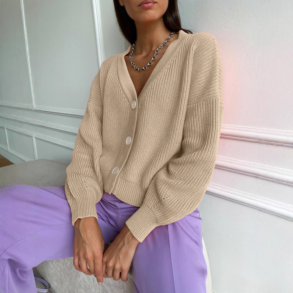 Damen kuschelige Strickjacke mit umschlagbaren Ärmeln und modischen Knopfdetails Sovae