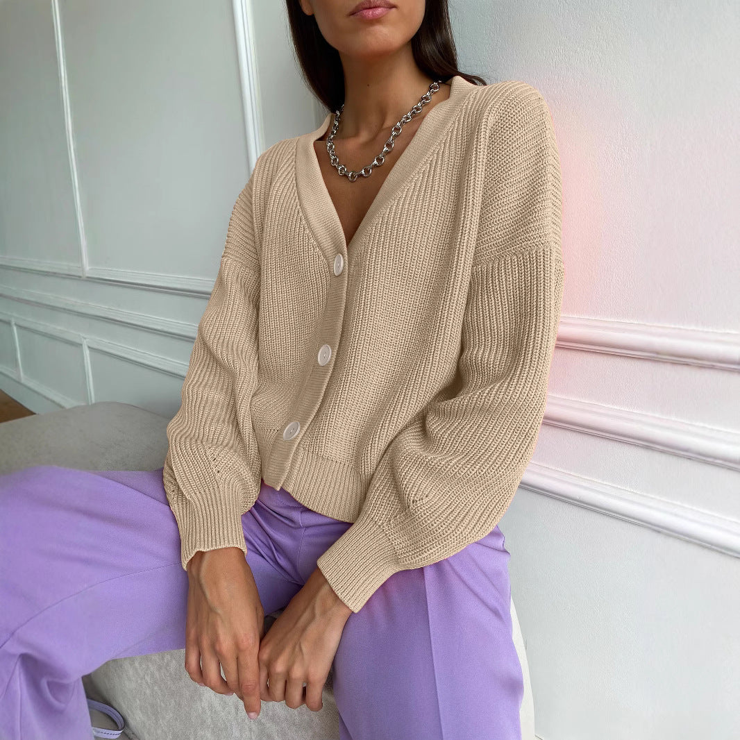Damen kuschelige Strickjacke mit umschlagbaren Ärmeln und modischen Knopfdetails Sovae