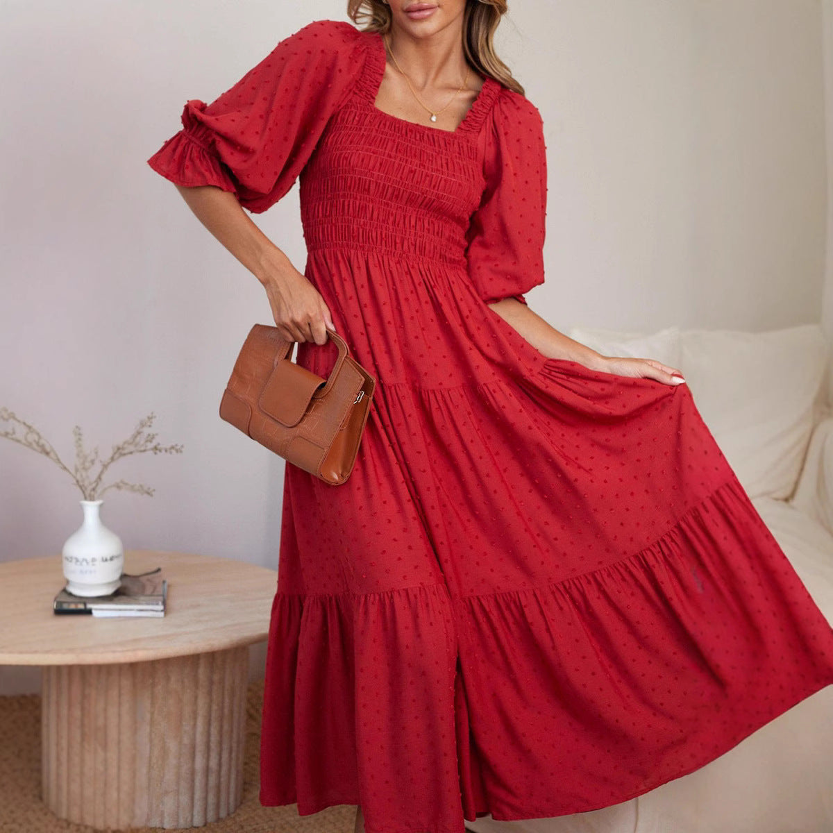 Damen Midikleid mit luftigen Ärmeln und ausgefallenem Volant Sovae