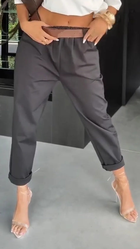 Damen elegante Baumwollhose mit hoher Taille und lässigen Falten Sovae