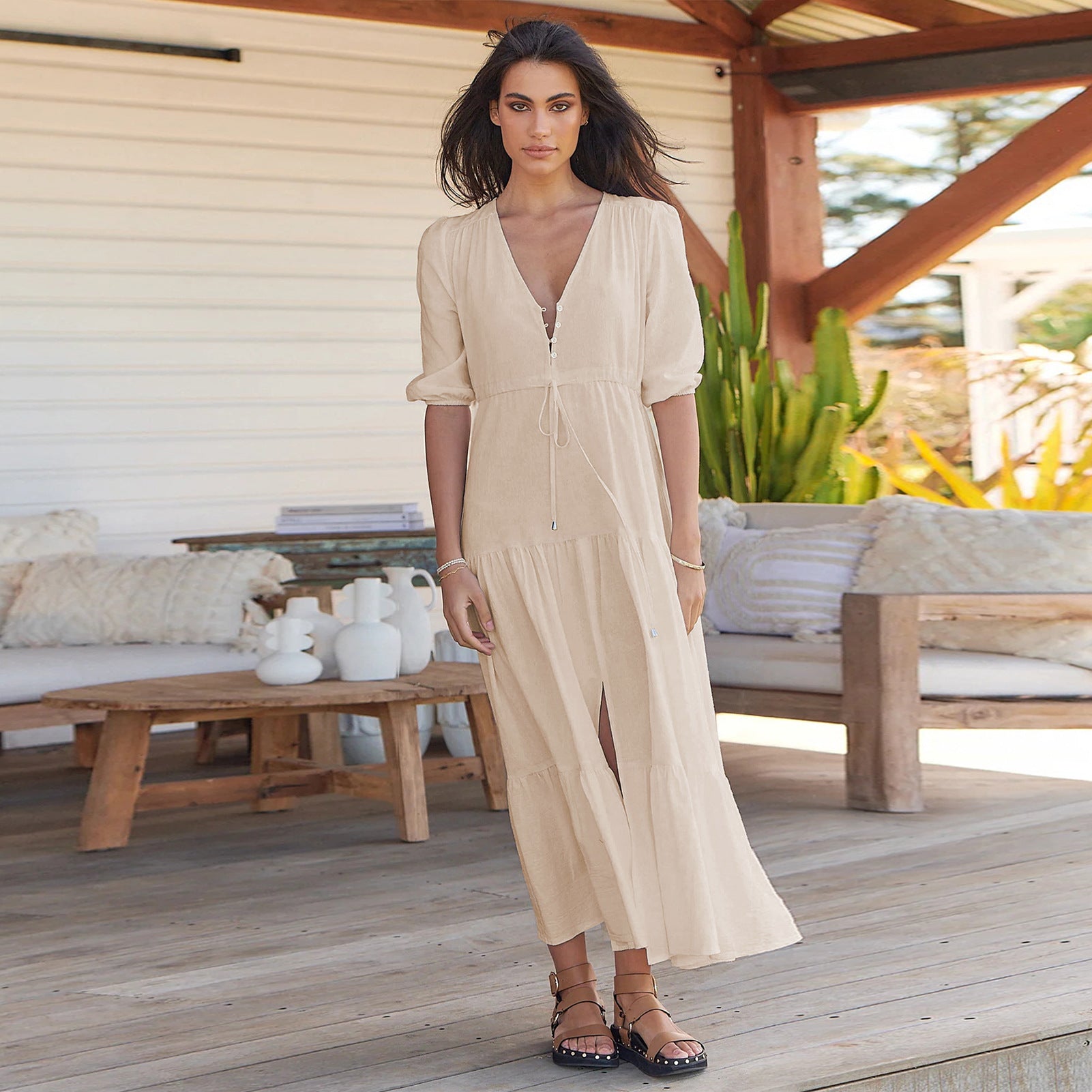 Damen Maxikleid mit zarten Puffärmeln und Taillenzug Sovae