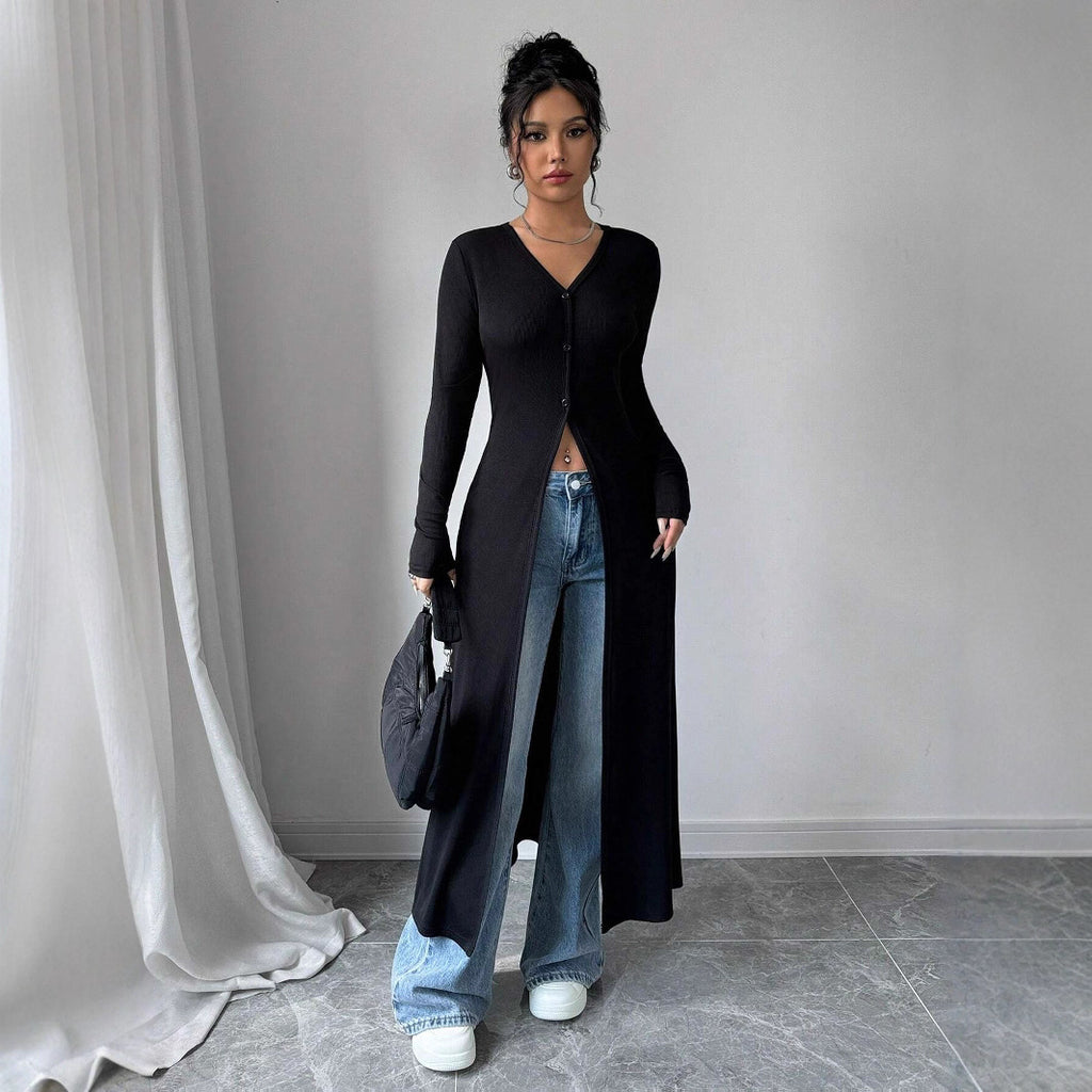 Damen Langstrickjacke mit V-Ausschnitt und Knopfverschluss Sovae