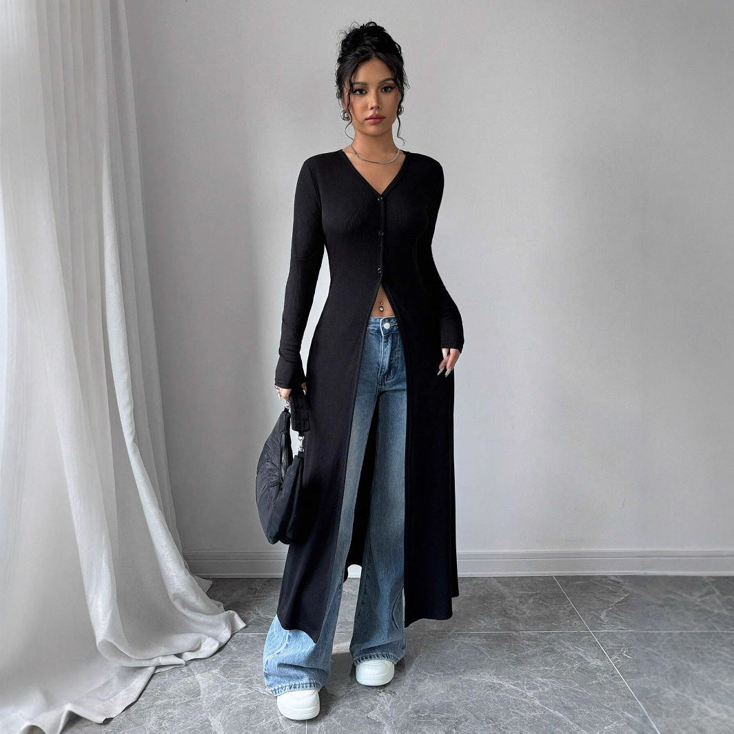 Damen Langstrickjacke mit V-Ausschnitt und Knopfverschluss Sovae