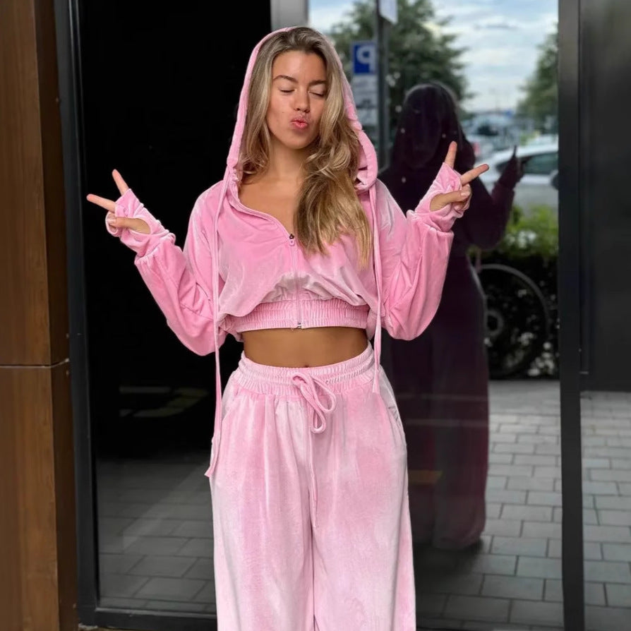 Damen Velours-Lounge-Set mit Kapuze Sovae