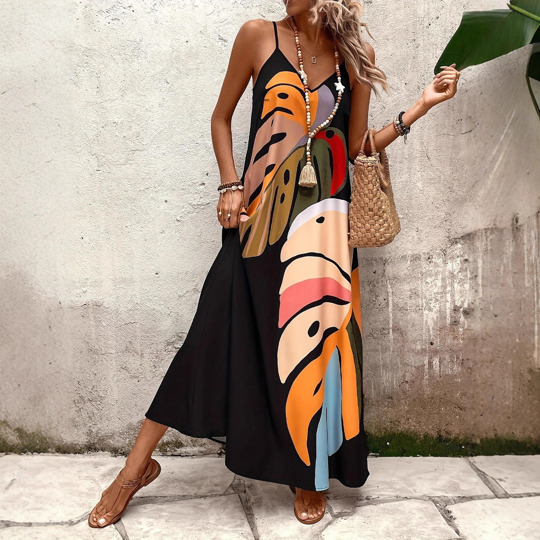 Damen Maxikleid mit kreativem Blattmuster Sovae