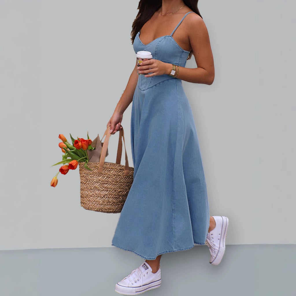 Damen Denim-Maxikleid mit herzförmigem Ausschnitt und Spaghetti-Trägern Sovae