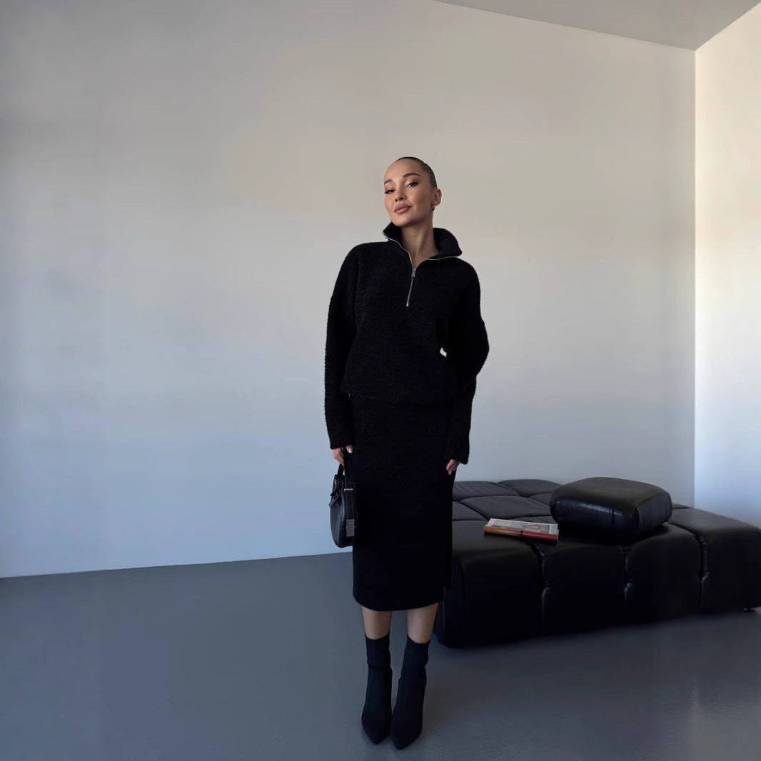 Damen Modischer Strickpullover mit kurzem Reißverschluss Sovae