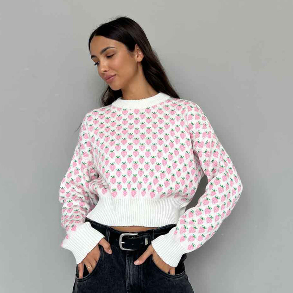 Damen Gestreifter Cropped Pullover mit floralem Muster Sovae