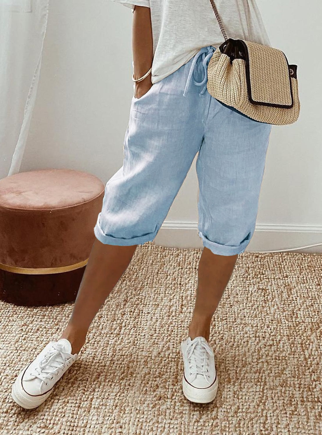 Damen lässige Leinen-Shorts mit elastischem Bund und praktischen Taschen Sovae