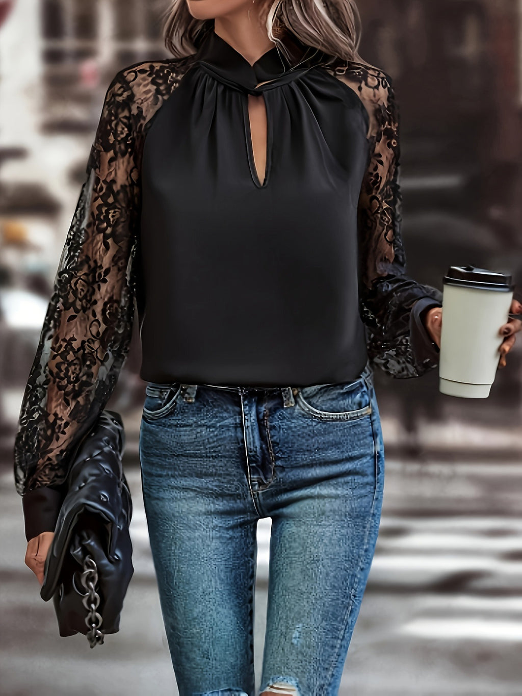 Damen elegante Bluse mit Spitzenärmeln Sovae