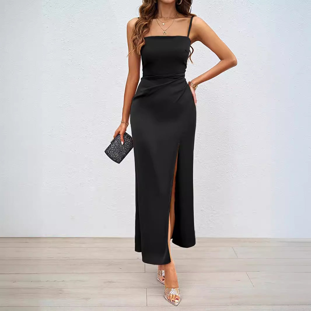 Damen elegantes Maxikleid mit tiefem Schlitz und schmalen Spaghettiträgern Sovae