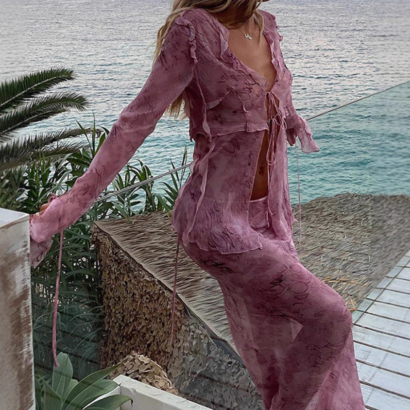 Damen Elegantes Cut-Out Maxikleid mit fließendem Stoff und raffinierten Rüschendetails Sovae